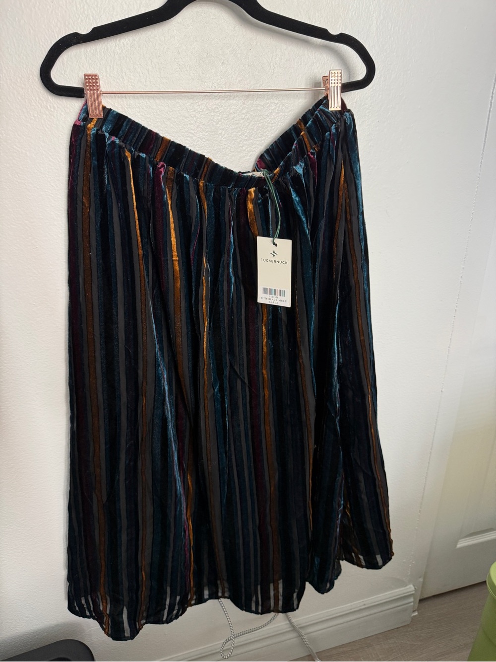 Tuckernuck Velvet Striped Midi Skirt in Teal, Gold & Rust